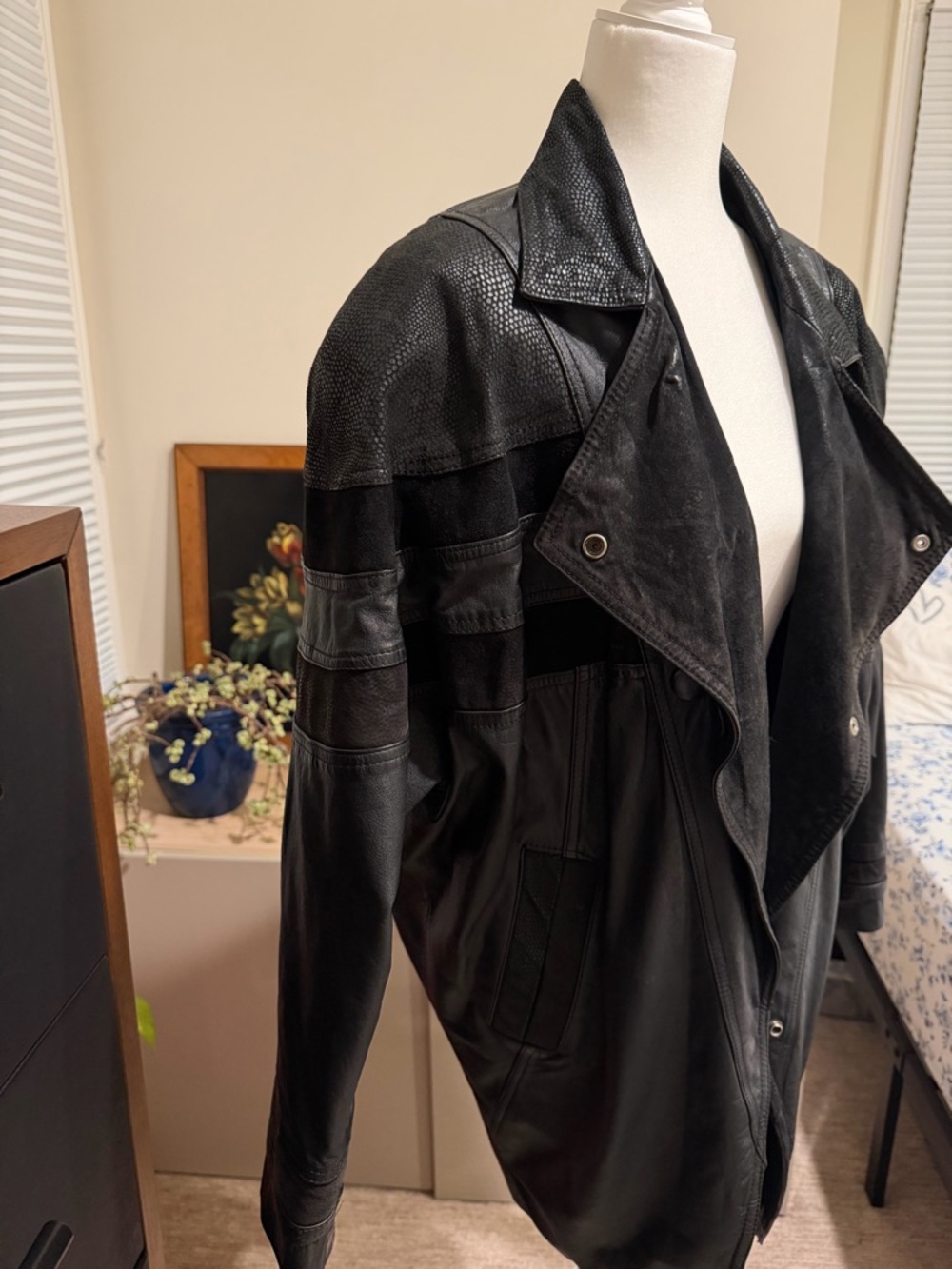 Vintage Black Leather jacket or dress with shoulder pads, bat wings, pockets